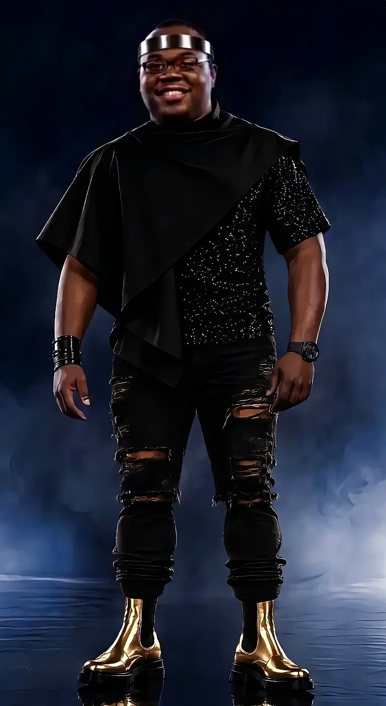 Ray Rayson — black sequin top, gold platform boots