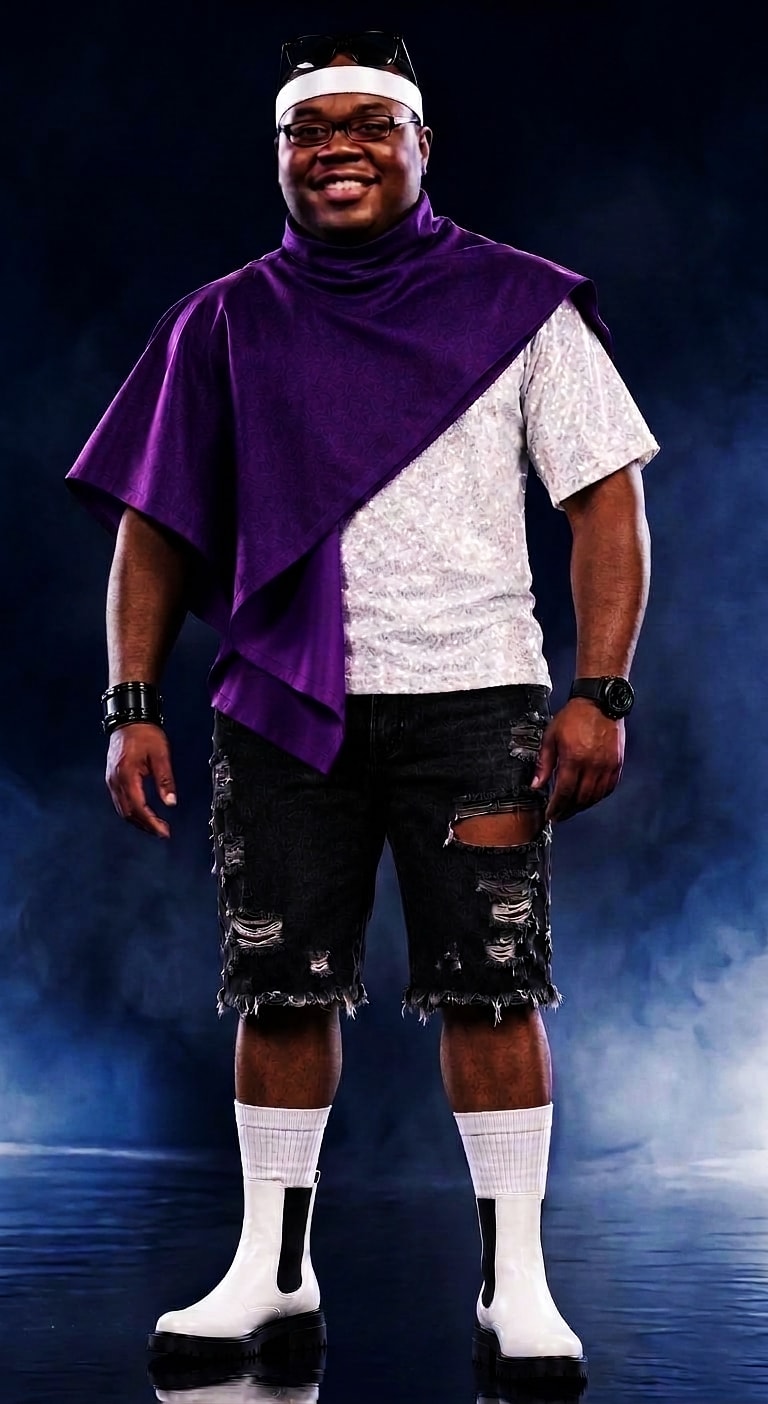 Ray Rayson — purple poncho, platform boots