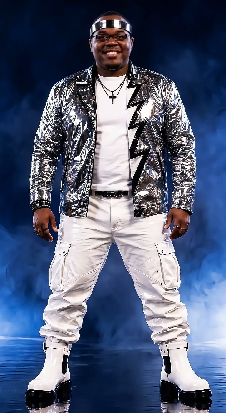 Ray Rayson — silver metallic jacket, white cargo pants
