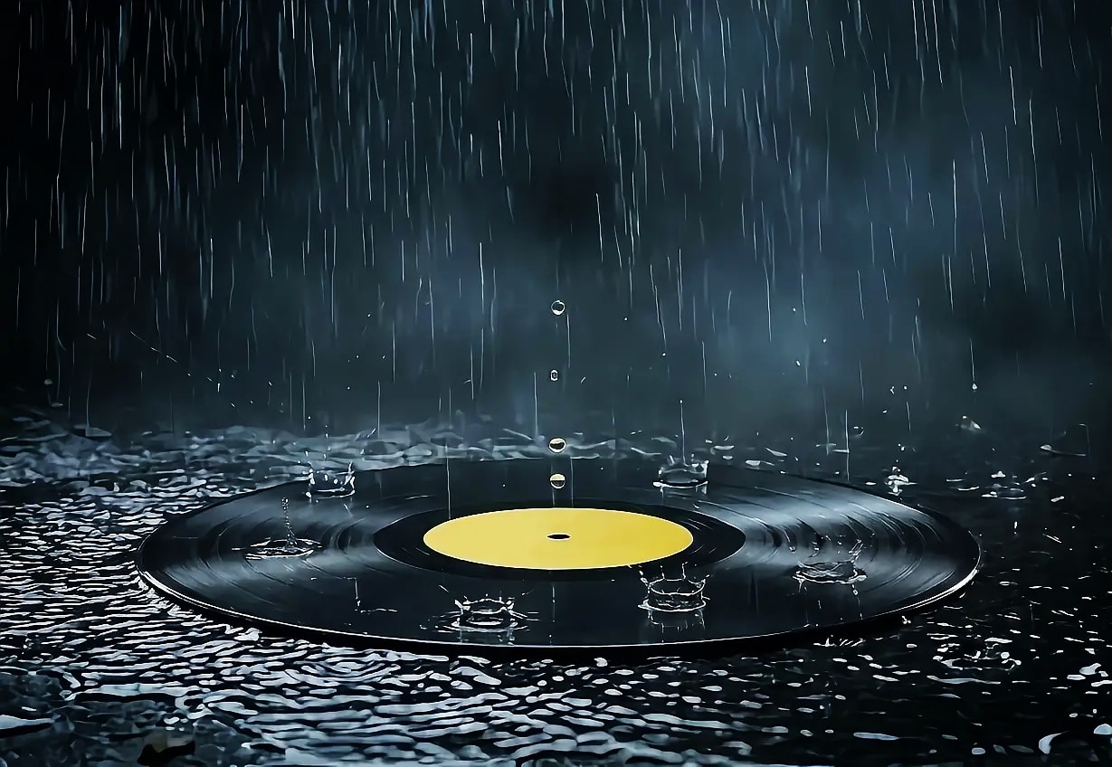 Vinyl record in the rain — music atmosphere
